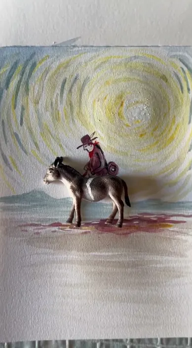 Painting of a rider on a donkey under a yellow sun, Barcelona, Art Is Trash