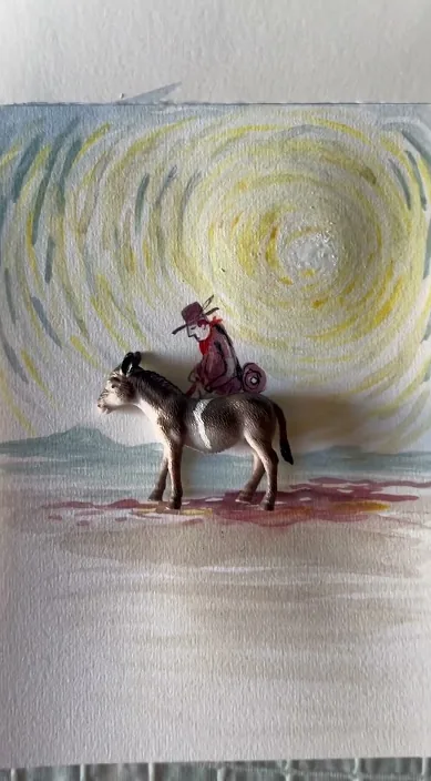 Painting of a rider on a donkey under a yellow sun, Barcelona, Art Is Trash
