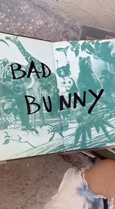 Teal artwork with «Bad Bunny» painted on it, Barcelona, Art Is Trash