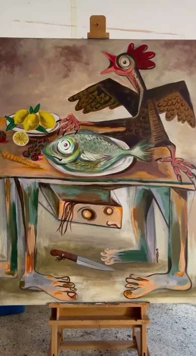 Carne o pescao – street art in Barcelona: scene from the Art Is Trash video by Francisco de Pájaro