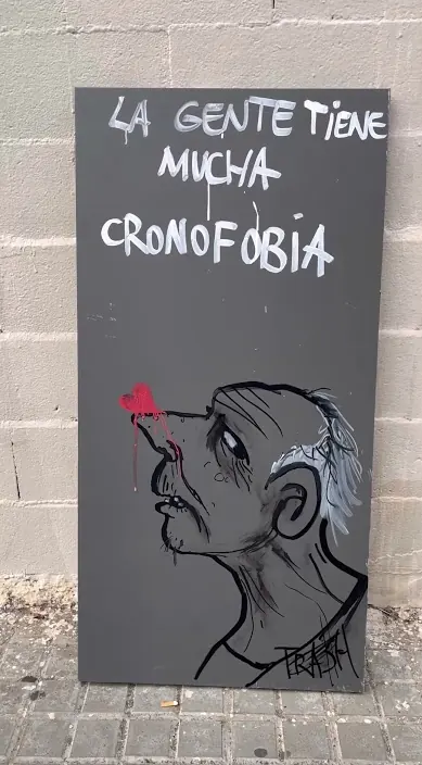 Cronofobia – street art in Barcelona: scene from the Art Is Trash video by Francisco de Pájaro