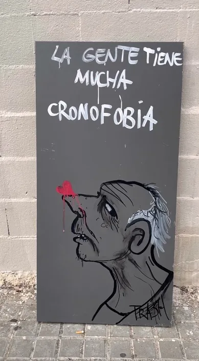 Cronofobia – street art in Barcelona: scene from the Art Is Trash video by Francisco de Pájaro