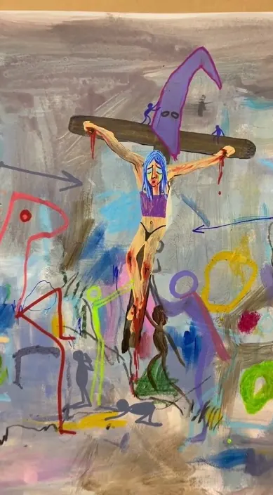 Crucificada www. es – street art in Barcelona: scene from the Art Is Trash video by Francisco de Pájaro