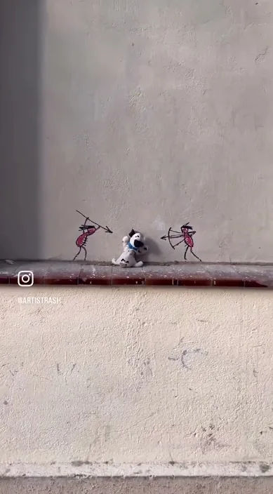 Several tiny painted figures on a white wall, Barcelona, Art Is Trash