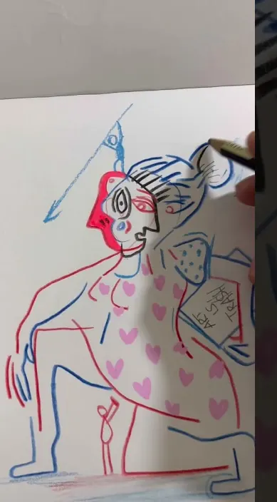 Figures drawn with blue and red lines, Barcelona, Art Is Trash