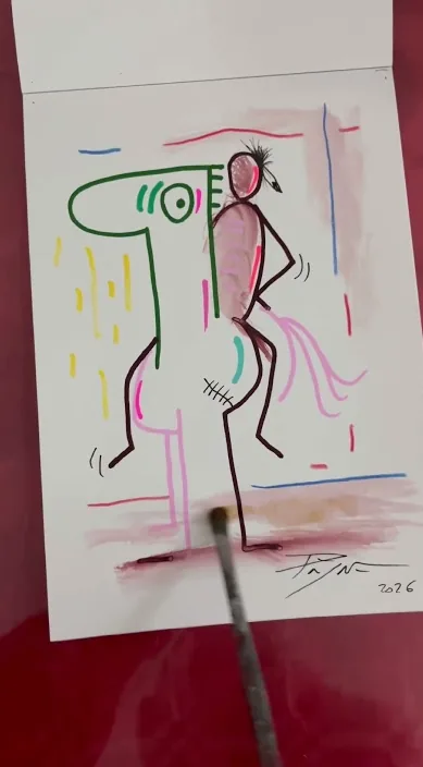 Several colourful line drawings on sheets of paper, Barcelona, Art Is Trash