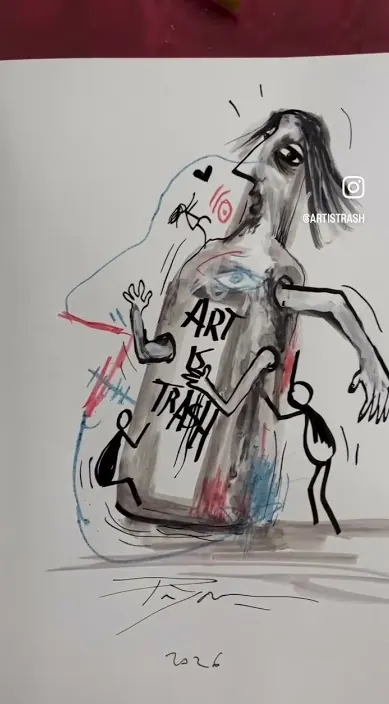 Ink drawing of a bottle-shaped figure with the words Art Is Trash, Barcelona