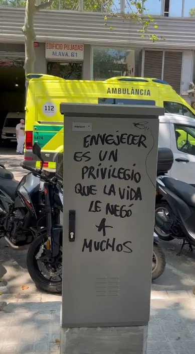 Painted line about growing old as a privilege on a street electrical box, Barcelona, Art Is Trash