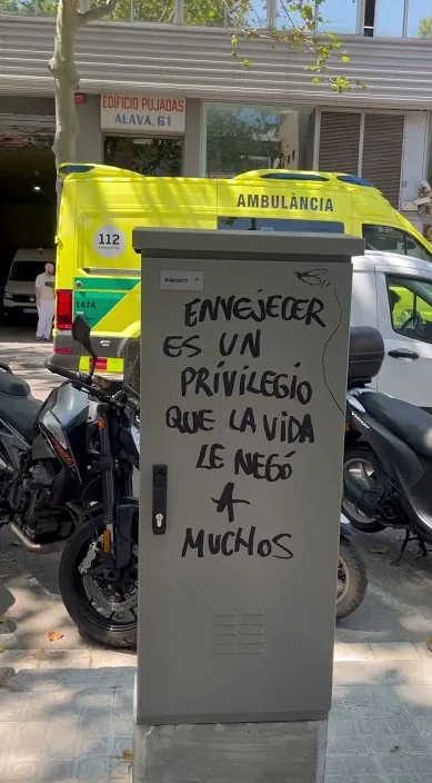 Painted line about growing old as a privilege on a street electrical box, Barcelona, Art Is Trash
