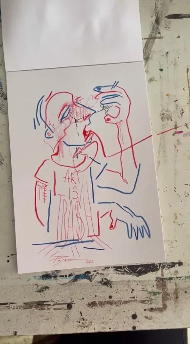 Colourful line drawing being made in a sketchbook, Barcelona, Art Is Trash