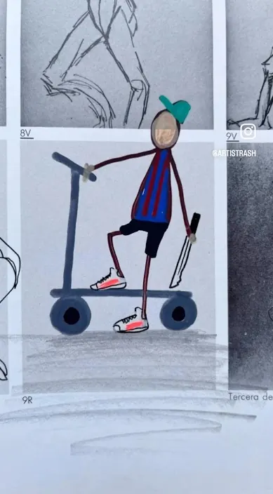 Patín eléctrico – street art in Barcelona: scene from the Art Is Trash video by Francisco de Pájaro