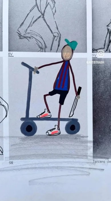 Patín eléctrico – street art in Barcelona: scene from the Art Is Trash video by Francisco de Pájaro