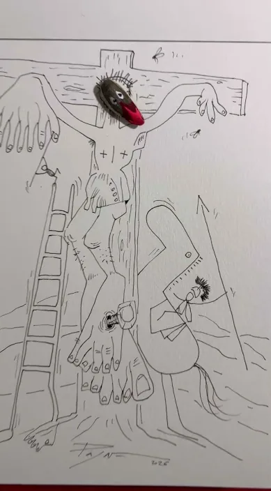 Pipa crucificada – street art in Barcelona: scene from the Art Is Trash video by Francisco de Pájaro