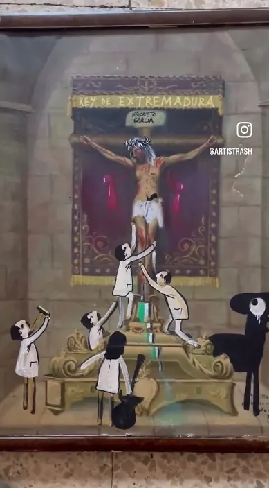 Robe iniesta d.e.p – street art in Barcelona: scene from the Art Is Trash video by Francisco de Pájaro