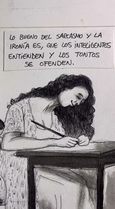 Drawing of a woman writing, with a line about sarcasm and irony, Barcelona, Art Is Trash
