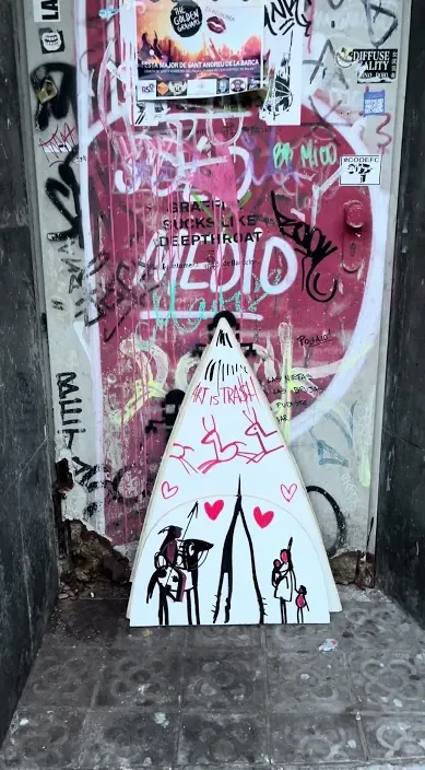 Tipi made of painted cardboard set up on the street, Barcelona, Art Is Trash