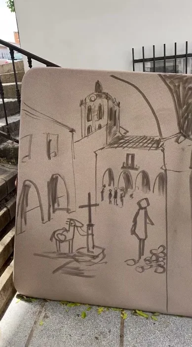 Sketch of a church and a square on an old board, Zafra, Art Is Trash